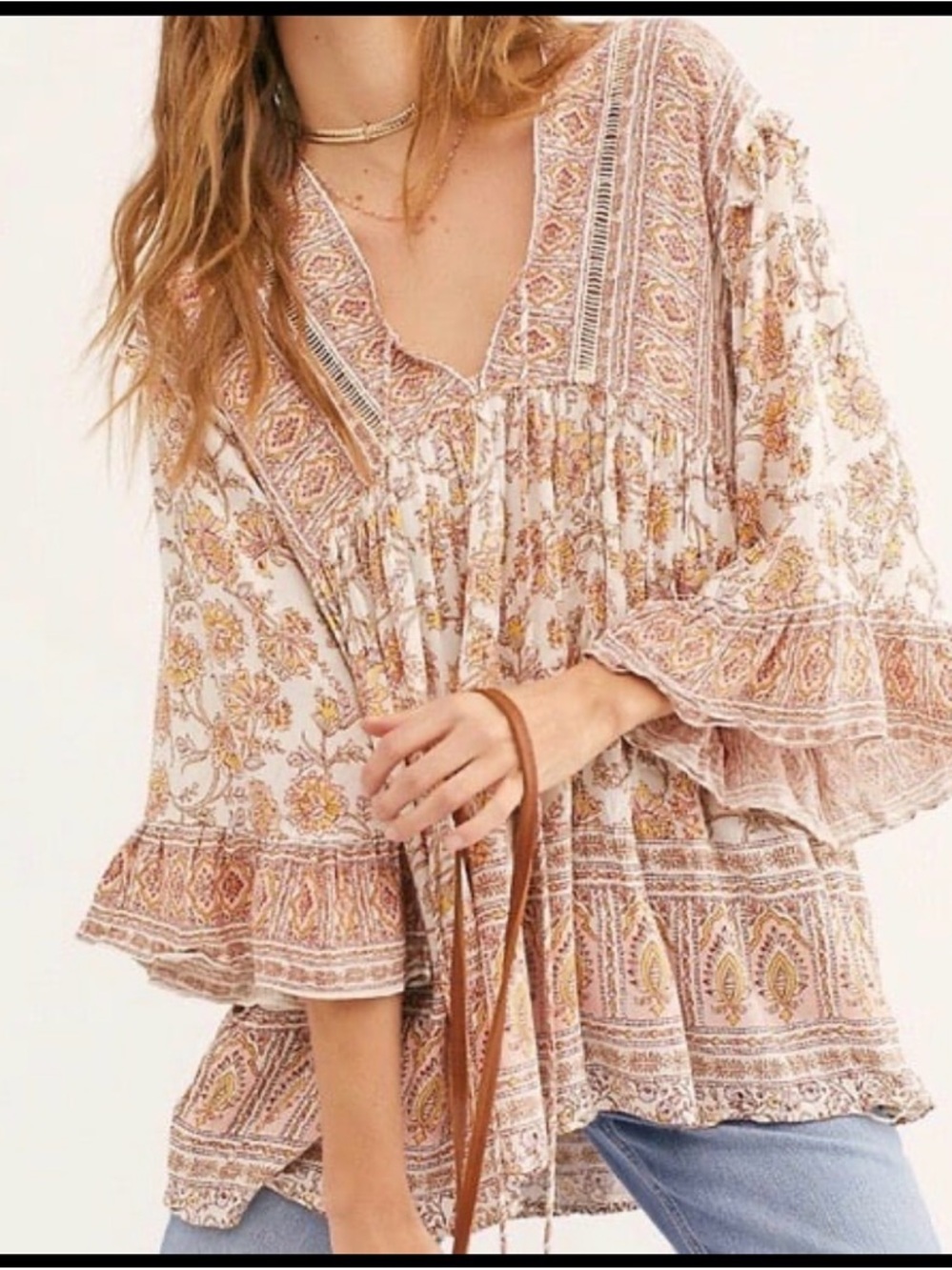 Free People Floral Paisley V-Neck Tunic in Cream, Pink and Yellow